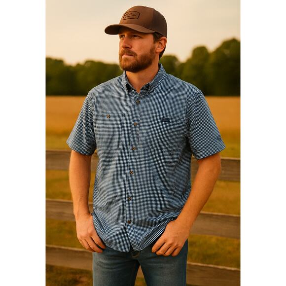 Drake Men’s Large Blue Check Short Sleeve Button Up Fishing Shirt Vented Outdoor - Picture 2 of 14